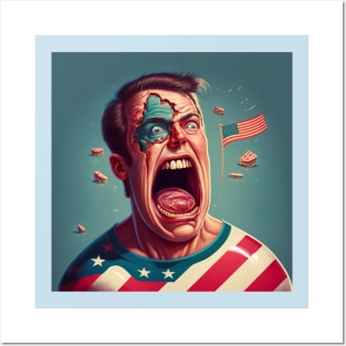 Funny illustration of man with open mouth wearing t-shirt in flag of America Posters and Art